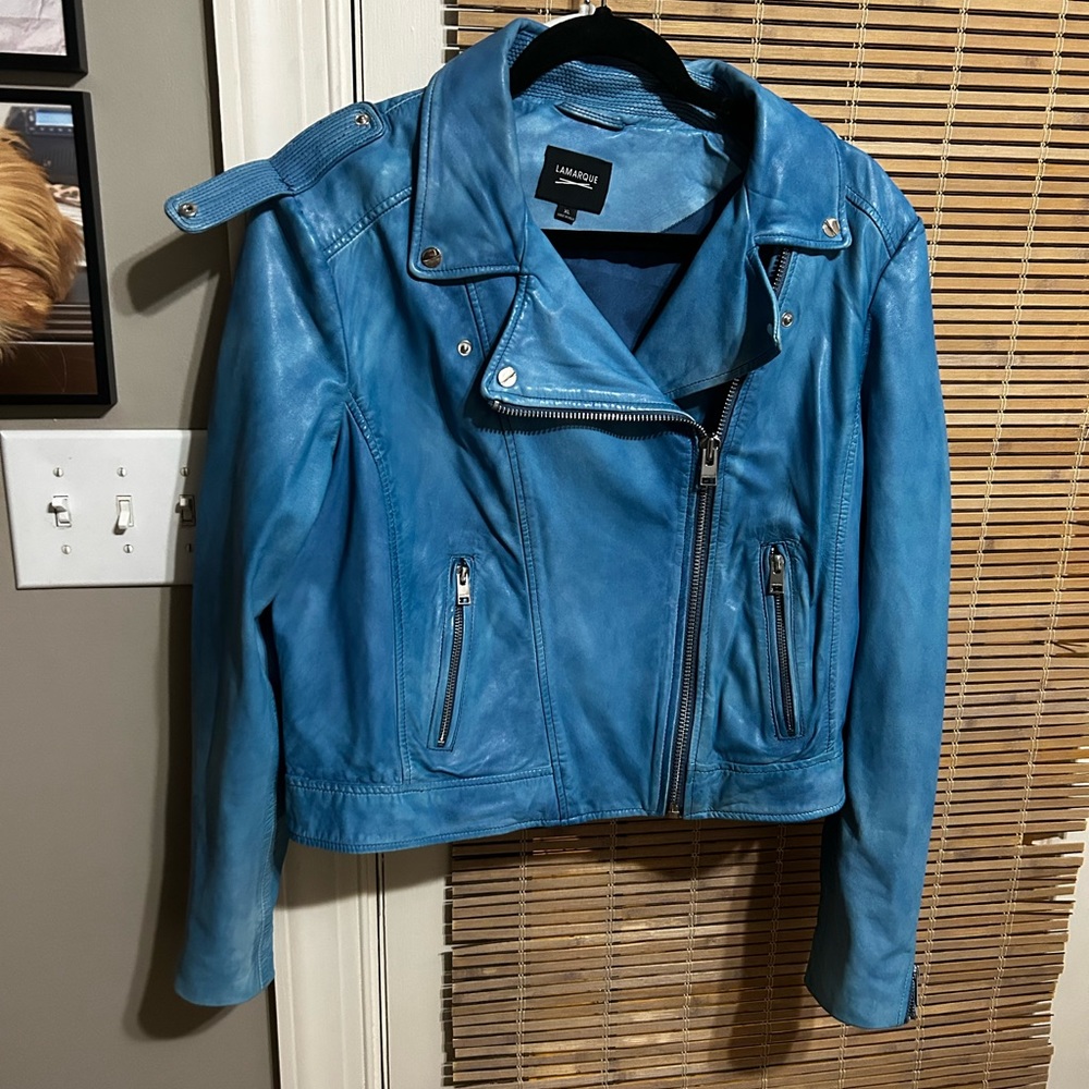 LAMARQUE  Leather Biker Jacket Women's Size XL Blue Coat Vintage